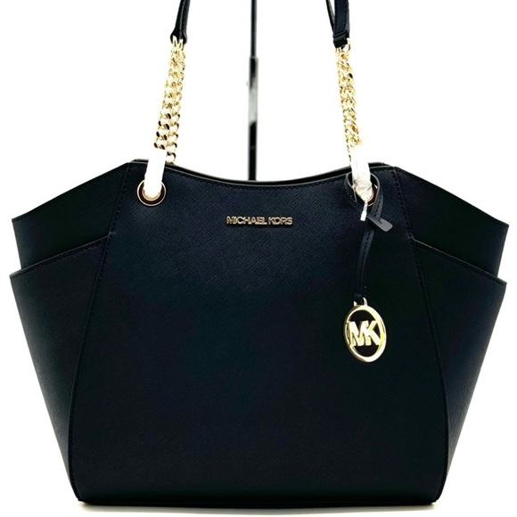 Michael Kors Jet Set Travel Large Chain Shoulder Tote Bag Black/Gold - Picture 2 of 12